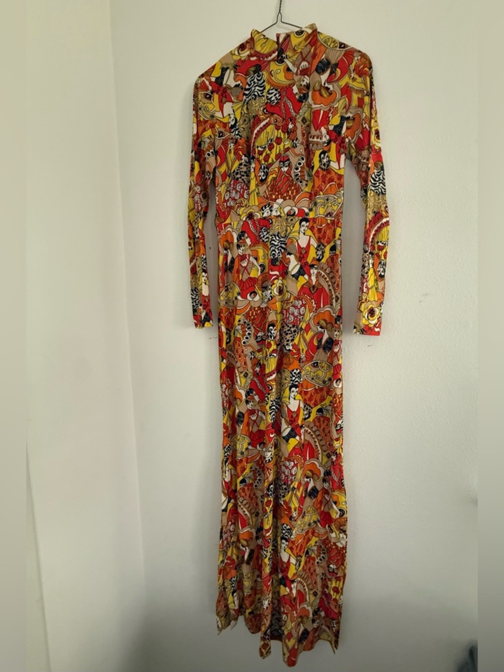 60s/70s psychedelic people patterned sheer long sleeve maxi dress